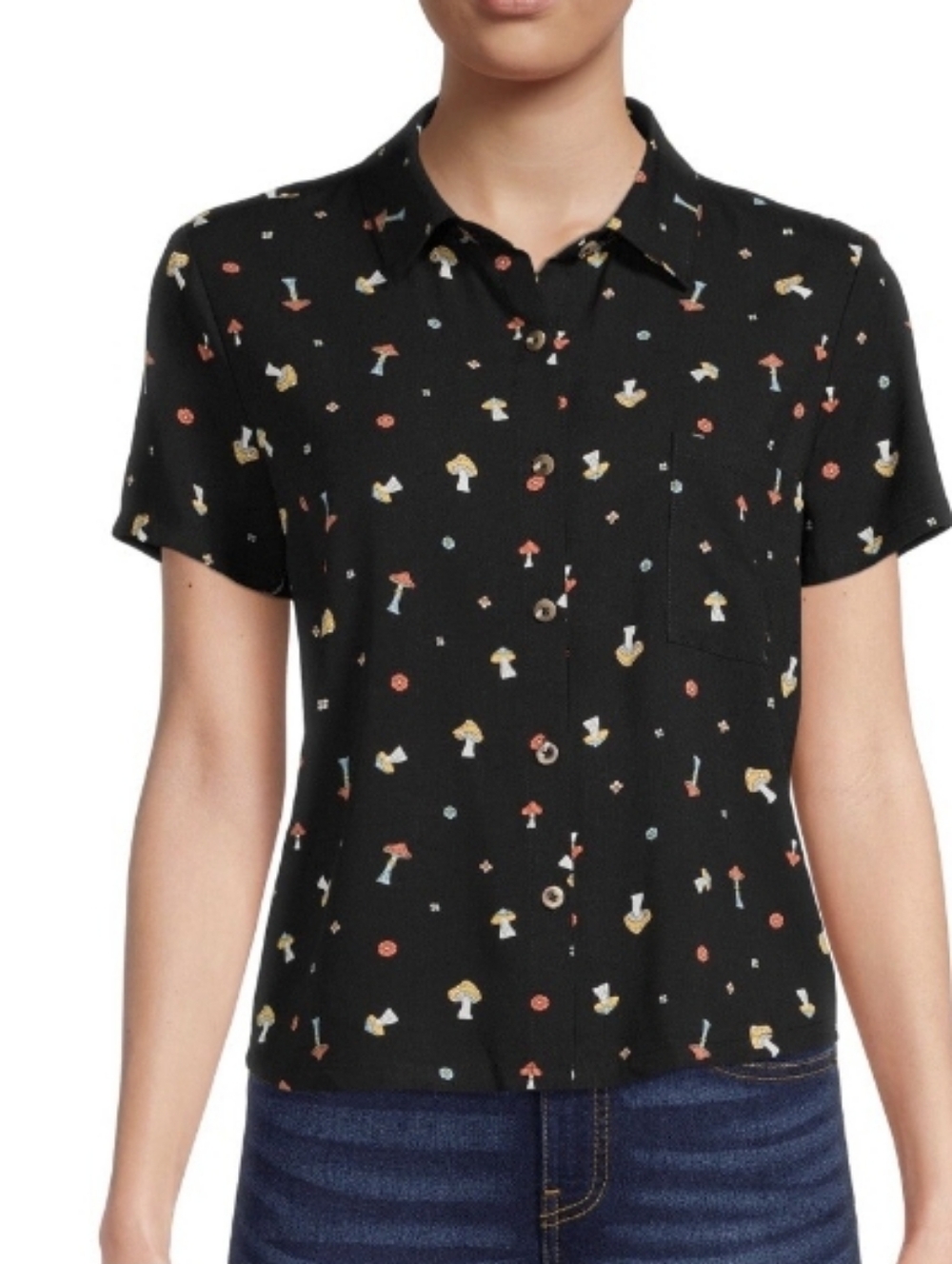 No Boundaries Sz XS Black Button-Up Shirt with Mushroom Print